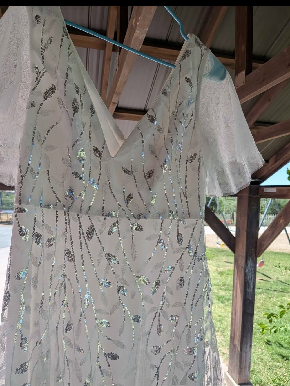 Ever Pretty Ivory Sequin Leaf Bridal Gown with Sheer Flutter Sleeves